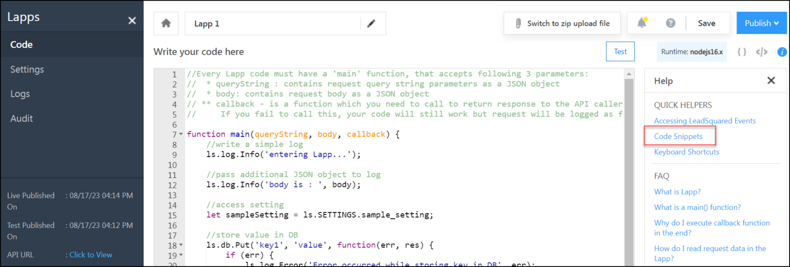Writing Code in Lapps - Api Docs - Leadsquared
